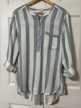 Lucky Brand Women’s Cotton Popover Tunic Blouse Top White/Navy Stripe Beach Sz L